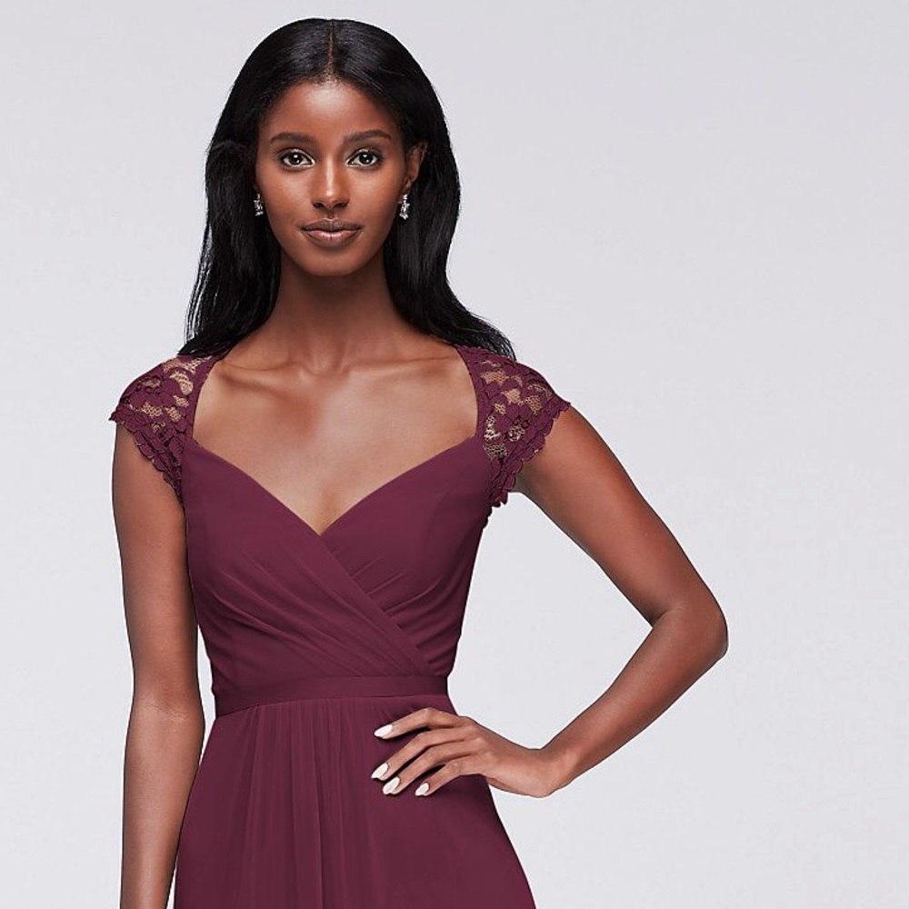 David’s Bridal long mesh dress w/ lace cap sleeves